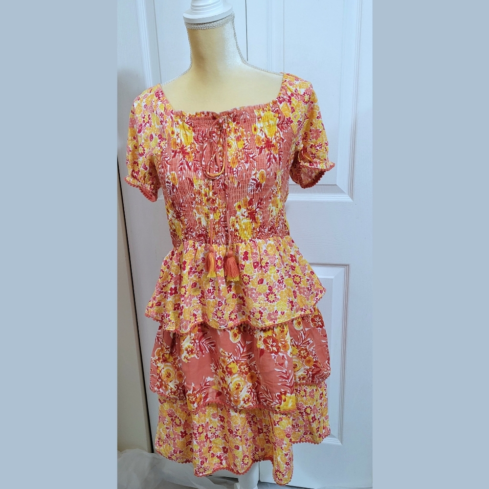 Margaux Riviera floral puff sleeve tiered dress with tassel